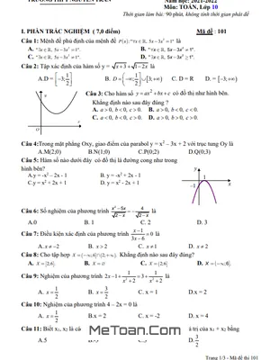 Đề kiểm tra cuối kì 1 Toán 10 năm 2021 - 2022 trường THPT Nguyễn Trân - Bình Định