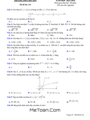 Đề thi học kì 1 Toán 12 năm 2023 – 2024 trường THPT Sóc Sơn – Hà Nội
