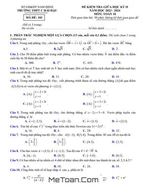 Đề giữa học kỳ 2 Toán 10 năm 2023 – 2024 trường THPT C Hải Hậu – Nam Định