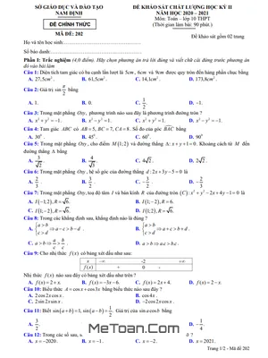 Đề thi học kỳ 2 Toán 10 năm 2020 - 2021 sở GD&ĐT Nam Định