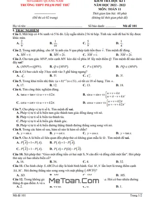 Đề thi học kì 1 Toán 11 năm 2022 - 2023 trường THPT Phạm Phú Thứ - Quảng Nam