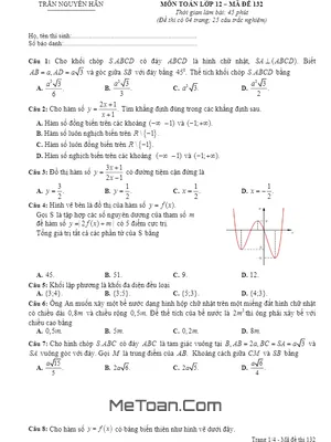 Đề kiểm tra giữa HK1 Toán 12 năm 2018 - 2019 trường THPT Trần Nguyên Hãn - Vũng Tàu