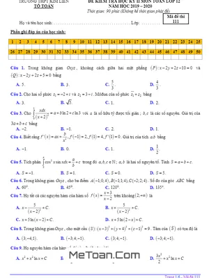 Đề thi học kỳ 2 Toán 12 năm học 2019 - 2020 trường THPT Kim Liên - Hà Nội