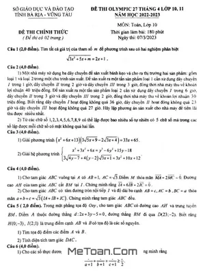 Đề thi Olympic 27 tháng 4 Toán 10 năm 2023 sở GD&ĐT Bà Rịa – Vũng Tàu