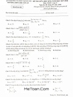 Đề thi giữa HK2 Toán 11 năm 2017 - 2018 trường THPT Chu Văn An - Hà Nội (có đáp án)