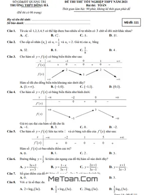 Đề thi thử tốt nghiệp THPT 2021 môn Toán trường THPT Đông Hà - Quảng Trị