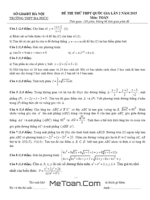 Đề thi thử THPT Quốc gia 2015 môn Toán trường THPT Đa Phúc - Hà Nội lần 2