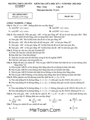 Đề thi giữa kỳ 1 Toán 10 năm 2023 - 2024 trường chuyên Lê Khiết - Quảng Ngãi