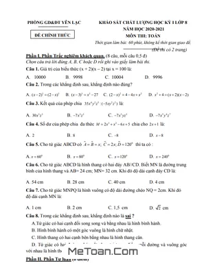 Đề thi học kì 1 Toán 8 năm 2020 - 2021 phòng GD&ĐT Yên Lạc - Vĩnh Phúc