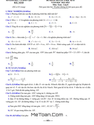 Đề kiểm tra giữa học kỳ 2 Toán 8 năm 2022 - 2023 sở GD&ĐT Bắc Ninh