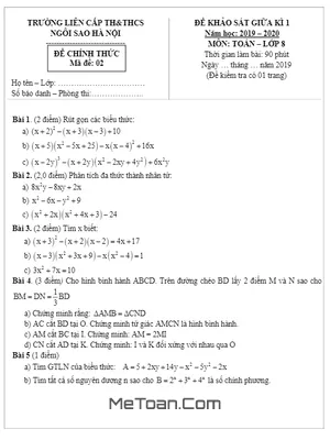 Đề khảo sát giữa kì 1 Toán 8 năm 2019 - 2020 trường TH&THCS Ngôi Sao Hà Nội