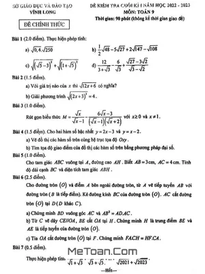 Đề thi học kì 1 Toán 9 năm 2022 - 2023 sở GD&ĐT Vĩnh Long