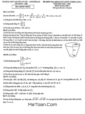Đề Khảo Sát Lần 3 Toán 9 Năm 2021 - 2022 Trường Chuyên Hà Nội - Amsterdam