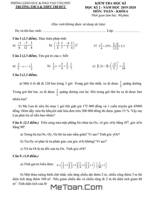 Đề thi học kì 2 Toán lớp 6 năm 2019 - 2020 trường THCS&THPT Trí Đức - TP HCM