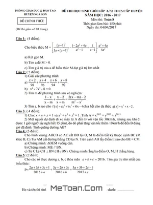 Đề Thi Học Sinh Giỏi Toán 8 Năm 2016 - 2017 Phòng GD&ĐT Nga Sơn - Thanh Hóa