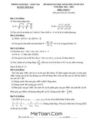 Đề thi HSG huyện Toán 7 năm 2021-2022 phòng GD&ĐT Tiền Hải, Thái Bình