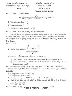 Đề thi HK2 Toán 9 năm 2018 - 2019 phòng GD&ĐT Thanh Trì - Hà Nội