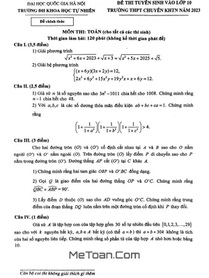 Đề Tuyển Sinh Lớp 10 Môn Toán (Chung) Năm 2023 Trường THPT Chuyên KHTN – Hà Nội