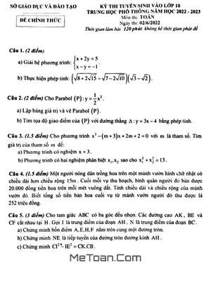 Đề thi tuyển sinh lớp 10 môn Toán Bình Dương năm 2022 - 2023