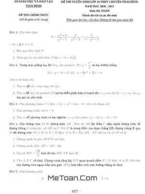 Đề tuyển sinh lớp 10 môn Toán năm 2020 – 2021 trường THPT chuyên Thái Bình (đề chung)
