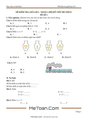 Bộ 5 Đề Ôn Luyện Thi Giữa Kỳ 1 Môn Toán Lớp 1 (Kết Nối Tri Thức)