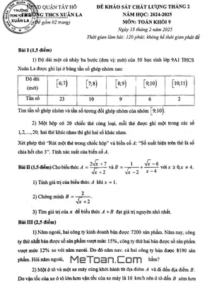 Đề khảo sát Toán 9 tháng 2 năm 2025 trường THCS Xuân La – Hà Nội