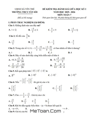 Tải Đề Thi Giữa Học Kì 1 Toán 7 Năm 2025 - 2026 Trường THCS Tân Sỏi (Có Đáp Án)