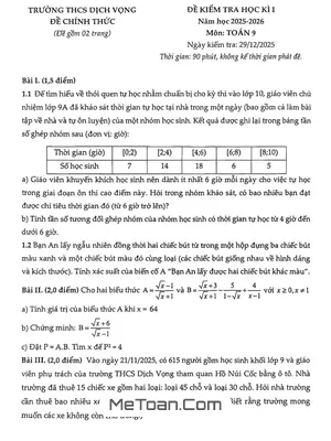 Đề thi học kì 1 môn Toán lớp 9 năm học 2025 - 2026 trường THCS Dịch Vọng, Hà Nội