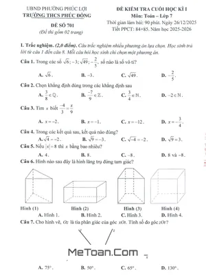 Đề cuối học kì 1 Toán 7 năm 2025 – 2026 trường THCS Phúc Đồng – Hà Nội