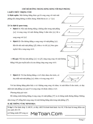 Đường Thẳng Song Song Với Mặt Phẳng - Trọng Tâm Kiến Thức Và Bài Tập Có Lời Giải