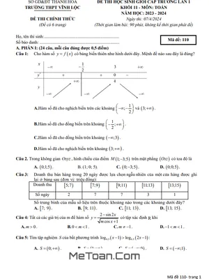 Đề học sinh giỏi Toán 11 lần 1 năm 2023 – 2024 trường THPT Vĩnh Lộc – Thanh Hóa