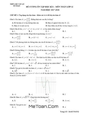 Đề Cương Ôn Tập HK1 Toán 12 Năm 2017 - 2018 Trường THPT Chu Văn An - Hà Nội