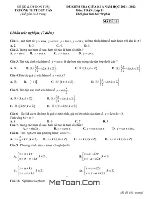 Đề thi giữa kì 1 Toán 11 năm 2021 - 2022 trường THPT Duy Tân - Kon Tum