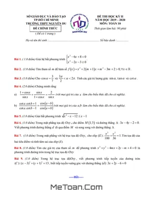 Đề thi học kì 2 môn Toán lớp 10 năm 2019 - 2020 trường THPT Nguyễn Du - TP.HCM (có đáp án)