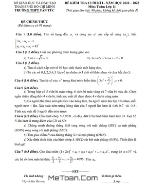 Đề Thi Cuối Kì 1 Toán 11 Năm 2022 - 2023 Trường THPT Tân Túc - TP HCM
