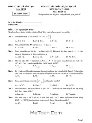 Đề thi HK1 Toán 11 năm học 2017 - 2018 Sở GD&ĐT Nam Định - Có lời giải
