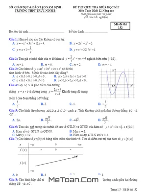 Đề thi giữa HK1 Toán 12 nâng cao trường THPT Trực Ninh B - Nam Định năm [ghi năm] - Full Đáp án