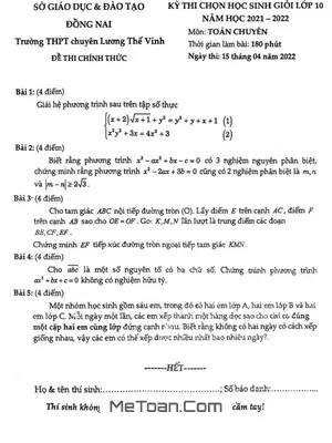Đề HSG Toán 10 năm 2021 - 2022 trường chuyên Lương Thế Vinh - Đồng Nai