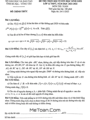 Đề chọn đội tuyển HSG Toán 12 năm 2021 - 2022 Sở GD&ĐT Bà Rịa - Vũng Tàu