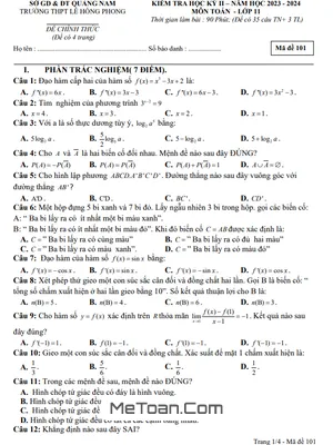 Đề thi cuối kì 2 Toán 11 năm 2023 - 2024 trường THPT Lê Hồng Phong - Quảng Nam
