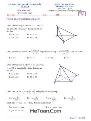 Đề thi HK2 Toán 11 năm 2018 - 2019 trường Nguyễn Quang Diêu - An Giang