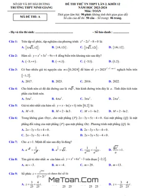 Đề thi thử THPT 2024 môn Toán lần 2 trường THPT Ninh Giang - Hải Dương [Có đáp án]
