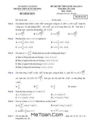 Đề thi thử THPT Quốc gia 2018 môn Toán trường THPT Xuân Trường – Nam Định lần 1