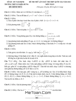 Đề thi thử THPT Quốc gia môn Toán trường B Nghĩa Hưng - Nam Định lần 2 năm 2016