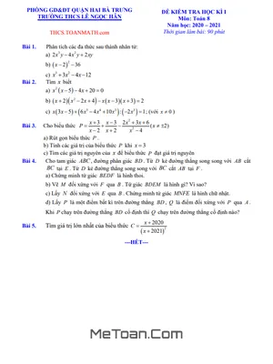 Đề thi học kì 1 Toán 8 năm 2020 - 2021 trường THCS Lê Ngọc Hân - Hà Nội