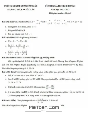 Đề thi giữa kì 2 Toán 8 năm 2021 - 2022 trường THCS Nghĩa Tân - Hà Nội