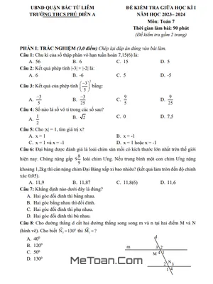 Đề thi giữa học kì 1 Toán 7 năm 2023 – 2024 trường THCS Phú Diễn A – Hà Nội