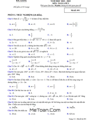 Đề thi học kì 1 Toán 9 năm 2022 - 2023 sở GD&ĐT Bắc Giang