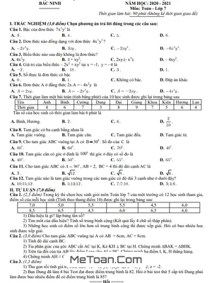 Đề thi giữa học kỳ 2 Toán 7 năm 2020 - 2021 sở GD&ĐT Bắc Ninh