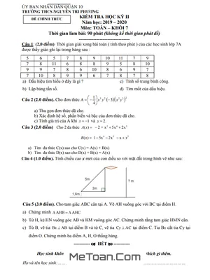 Đề thi HK2 Toán 7 năm 2019 - 2020 trường THCS Nguyễn Tri Phương - TP HCM